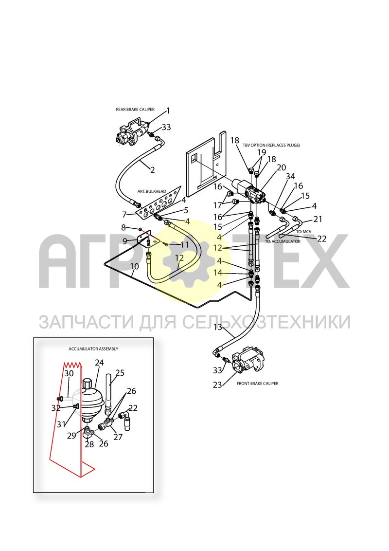 Соединение тормозного клапана и суппортов, Гидроаккумулятор (7BRK13) (№1 на схеме)